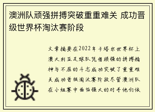 澳洲队顽强拼搏突破重重难关 成功晋级世界杯淘汰赛阶段