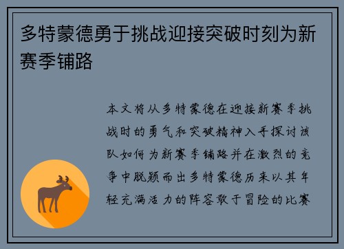多特蒙德勇于挑战迎接突破时刻为新赛季铺路