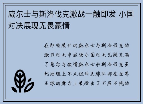 威尔士与斯洛伐克激战一触即发 小国对决展现无畏豪情