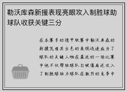 勒沃库森新援表现亮眼攻入制胜球助球队收获关键三分