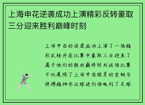上海申花逆袭成功上演精彩反转豪取三分迎来胜利巅峰时刻