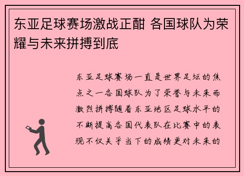 东亚足球赛场激战正酣 各国球队为荣耀与未来拼搏到底