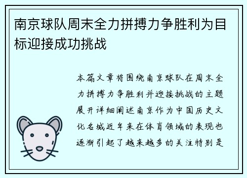 南京球队周末全力拼搏力争胜利为目标迎接成功挑战