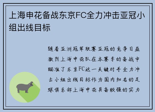 上海申花备战东京FC全力冲击亚冠小组出线目标