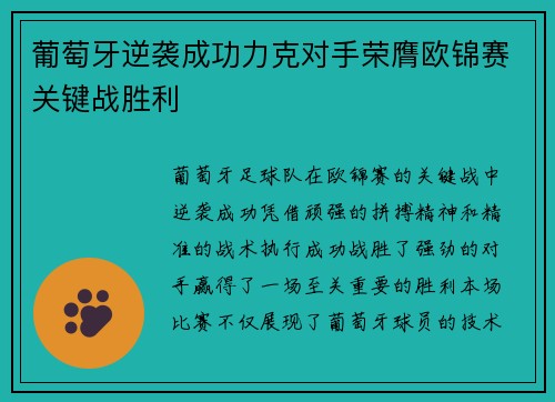 葡萄牙逆袭成功力克对手荣膺欧锦赛关键战胜利
