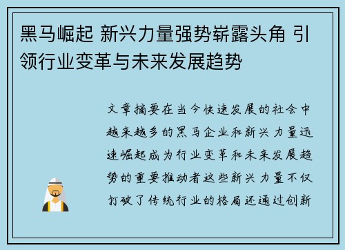 黑马崛起 新兴力量强势崭露头角 引领行业变革与未来发展趋势