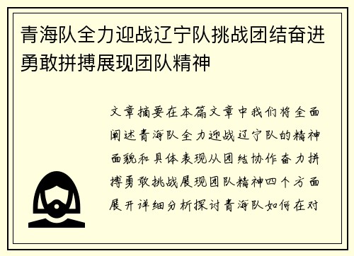 青海队全力迎战辽宁队挑战团结奋进勇敢拼搏展现团队精神