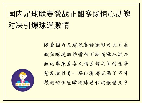 国内足球联赛激战正酣多场惊心动魄对决引爆球迷激情